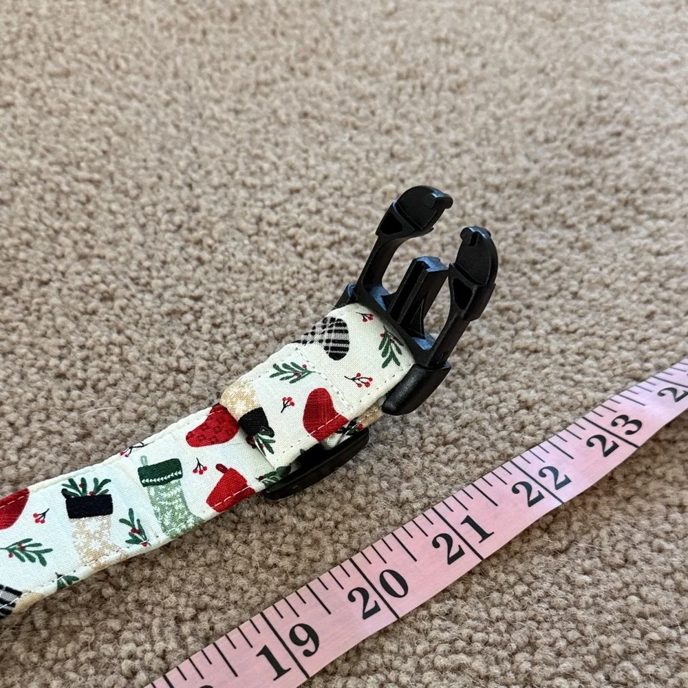 Holiday Cream Bow Tie Dog Collar with Red & Green Stocking Print